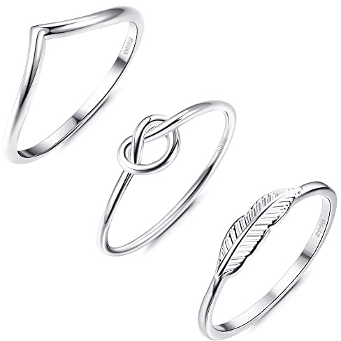 KRFY 3 Anillos de Plata de Ley 925 para Nudillos para Mujer Oro Blanco 18 Quilates Nudo de Amor Pluma Anillos Apilables para Dedo Pulgar Juego de Anillos de Banda para Mujeres y Niñas
