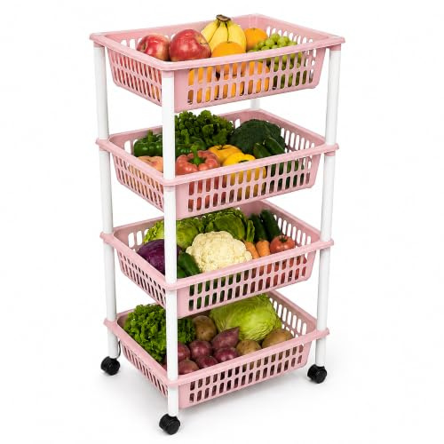 PLASTIFIC Aufbewahrungswagen aus Kunststoff mit Rollen, Mehrzweck-Küchenwagen, Gemüseregal, Obstkorb, Eckregal für Küche, Schlafzimmer, Badezimmer, Wohnzimmer, Büro (4 Ebenen, Rosa)