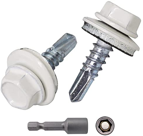 SKIR'CO 200 piezas Tornillos para techos 4,8 x 19 mm tornillos autoperforantes pintados con arandelas EPDM cabeza hexagonal (blanco puro RAL 9010)