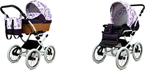 BabyLux ALU 2in1 Kinderwagen für Kleinkinder – Kinderwagen für Neugeborene und Kleinkinder – Baby Neugeborenen Kinderwagen – 59x105x125cm – Max. 15kg – Lilac Flowers White Frame