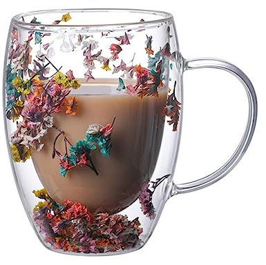 BORATO Occhiali Coppa Di Vetro A Doppia Parete Creativa Conch Conchimetri Di Filler Flash Tazze A Mano Alte Borosilicato Con Manici - 350Ml - Flower, 301-400Ml