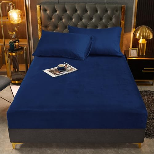 Sábana elástica 140x200cm Felpa Azul Marino Terciopelo Acolchado Cálido Ropa de cama para cama de muelles Invierno Unicolor para colchón de 140 x 200 con puente alto de hasta 25-30 cm