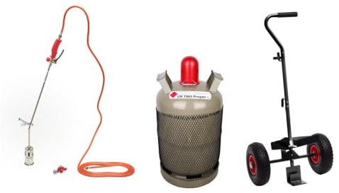 ROTHENBERGER Industrial Abflammgerät Anwärmbrenner Unkrautvernichter PREMIUM-Ausführung inkl. 5m Gasschlauch und 4bar Druckregler mit Transportwagen | Sackkarre und Propangas 11 kg leer