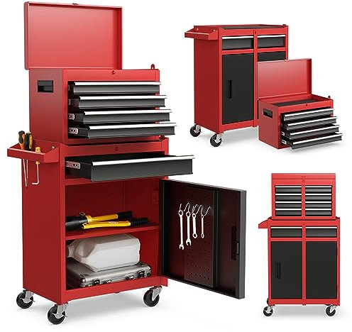 GiantexUK Tool Cabinet, 2 in 1 Lockable Metal Tool Chest with Removable Top Cabinet, Wheels, 5/6 Drawers, Pegboard & Hooks, Heavy-duty Rolling Tool Box Trolley (with Adjustable Shelf, Black+Red)