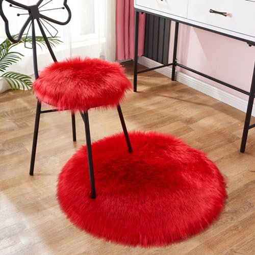 Herfair Teppich EIN Stück Teppich rund Imitat Fellteppich Kunstfell Teppich Wohnzimmer Schlafzimmer Teppiche Faux Schaffell Teppich Kunstfell Dekofell (China Rot,60 cm Durchmesser)