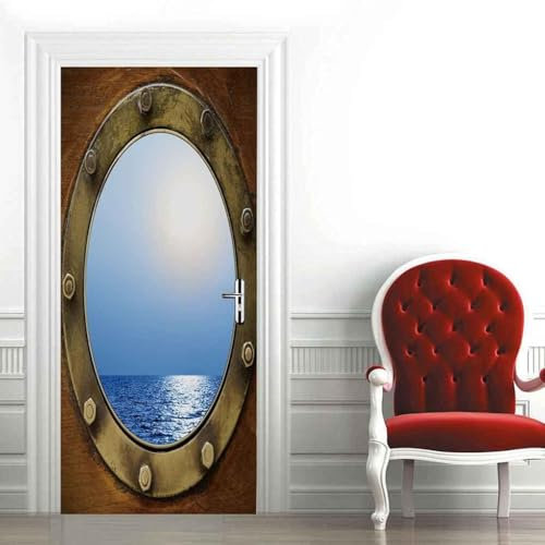 3D Türbild - Schiff Rundes Fenster Mit Meerblick 90 X 200 Cm Türtapete Selbstklebend Wasserdicht Pvc Türposter Fototapete Holzwand Türaufkleber Wandbild Für Tür Wohnzimmer Schlafzimmer Küc -3D0X0C2B8B