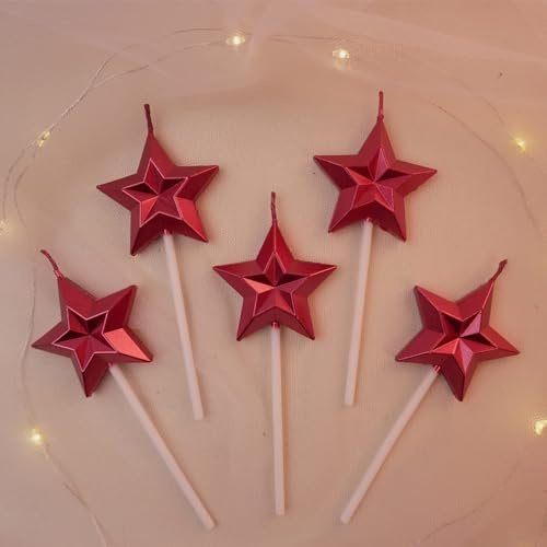Dzxin Sternform Geburtstagskerzen, 6 Pcs Geburtstagskerze Für Torte, Metallic Sternform Kuchenkerzen Birthday Cake Candle für Dekorative Geburtstagstorte, Hochzeit Party (Rot)