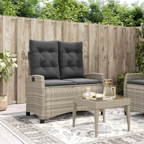 SECOLI Gartensofa mit Liegefunktion Gartenbank Rattan Verstellbar Rattan Bank 2 sitzer Polyrattan Lounge-Sofa Zweisitzer Balkon Sofa Balkon Couch klein-Hellgrau-