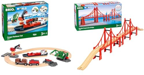 BRIO World 33061 Container Hafen Set - Mit Hafenbrücke & World 33683 Hängebrücke - Eisenbahnzubehör Holzeisenbahn - Kleinkinderspielzeug empfohlen für Kinder ab 3 Jahren