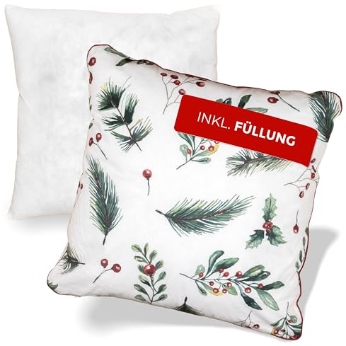 NOAH VERDE Zierkissen-Weihnachten Zweige, Kissen 45x45, Stechpalme-Beeren | Dekokissen mit Füllung und Bezug, Winter Weihnachtskissen Landhausstil Deko Zierkissen & -hüllen, Kissenbezug 45x45, Herbst