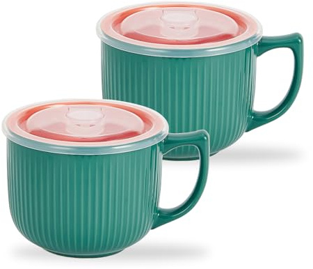 Keramik-Suppenschüssel mit Griff, große 900 ml Mikrowellen-Suppentasse mit Deckel, Suppenbehälter und Tasse für Müsli, Haferflocken, Ramen, Nudeln, Brei, Einweihungsgeschenk, 2er-Set, Grün und Orange