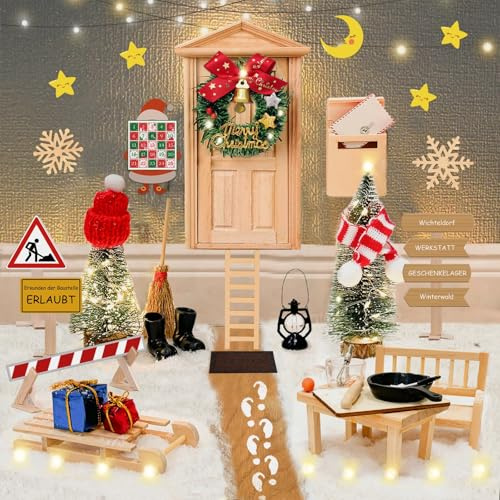 Wichtel Set Weihnachten Komplett - 46PCS Wichteltür Set Zubehör mit Licht, Wichtel Zubehör Baustelle, Wichteltür Komplettset mit Backset, Interaktive Karten Adventskalender, DIY Geschenk für Kinder