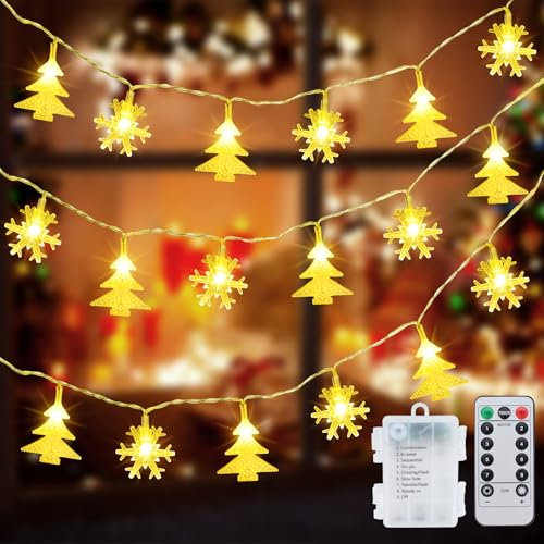 Fohil Catena Luminosa Interno 6M 40LED Fiocco di Neve e Albero di Natale Luci di Natale LED Luci a Batteria, Impermeabili Decorazioni Natale per Interno, Luci Natalizie per Giardino, Addobbi Natalizi