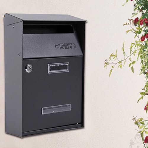 ZYHAOYAN Black simple mailbox, wall-mounted letter box, double delivery port design, can put magazine letters, rainproof with locking parts, strong and durable, for outdoor/indoor/patio/doorway
