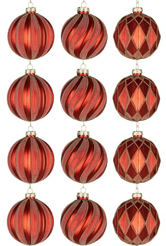 12 Stück/80 mm Glaskugeln, Weihnachtsbaumkugeln, hängende Ornamente, Verschiedene Designs, Weihnachtsbaumschmuck, Rot