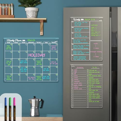 Klares, nicht magnetisches Kalender-Set für Kühlschrank – trocken abwischbar, transparenter Monats-, Wochenkalender und Listentafel – haftet an Wand, Glas, Tür, allen glatten Oberflächen