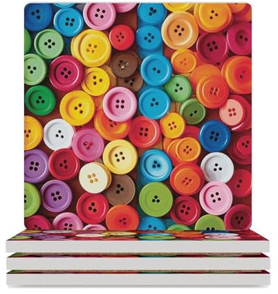 Dekoratives 4-teiliges Untersetzer-Set, bunte Knöpfe, bedruckte quadratische Keramik-Untersetzer mit Korkboden, Steinuntersetzer für Zimmer, Küche, Bar, Party-Dekoration