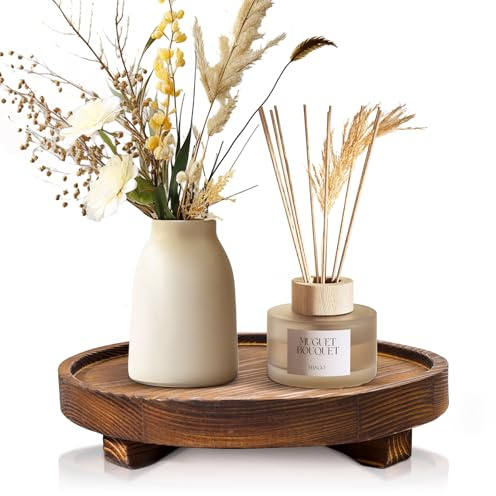 DEBETOOL Bandeja Decorativa Redonda de Madera, Bandeja de jabón de Madera rústica para Organizador de encimera de Cocina y baño, decoración de Cocina de Granja, Elevador de Madera para jabonera, | Bandeja y decoración para mostrador de baño de granja, elevador de madera para jabón, perfume, velas y plantas en maceta