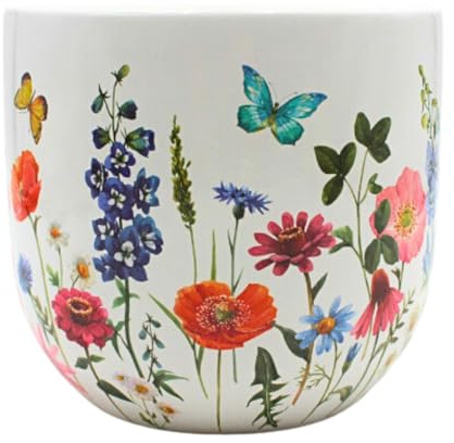 Dekohjälten24 blomkruka, planteringskruka, växtskål, blomkruka, planteringskärl, ytterkruka av keramik, motiv blomsteräng, mått: L/B/H 17 x 16 x 17 cm.