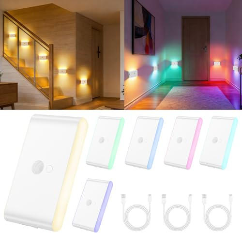 HOTUT LED Nachtlicht mit Bewegungsmelder RGB & Warmweiß, 6 Stück Aufladbar Treppe Licht, Motion Sensor Flur Licht, Nachtlicht Kinder mit 3 Modi (Auto/ON/OFF) für Treppe, Schlafzimmer, Flur, Küche