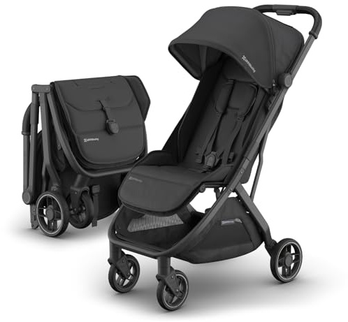 UPPAbaby Minu V3 Travel Stroller | Lightweight + Compact Design | One-Hand Fold + Unfold | from Birth + Overhead Compatible | Jake (Charcoal/Carbon Frame/Black Leather)