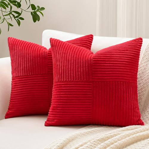 Sungeek 2er Set Cord Kissenbezüge, Kreuz Streifen Muster Kordsamt Kissenbezug Sofakissen Dekokissen Patchwork Design Deko Zierkissenbezüge Kissenhülle für Wohnzimmer (50x50cm, Rot)