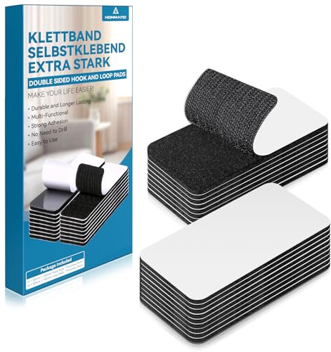 HOMMAND Klettband Selbstklebend Extra Stark, 16 Stück Doppelseitige Klebepads, Klettverschluss Selbstklebendes, Doppelseitiges Klebeband perfekt für Raumdekoration, Haus, Büro, Schwarz, 50mm×100mm