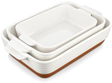 MALACASA Ceramic Baking Dish Set with Roasting Racks, 1.45/2.7/3.8L Deep Casserole Dishes for Oven, Rectangular Lasagne Dish with Handles, Set of 3, Khaki White (14.5/13/10.5), Series Tara