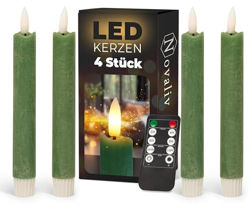 Novaliv Stabkerzen LED mit Timer Grün 4 Stück Grün indoor - 6 Stunden - ECHTWACHS 18cm Höhe für Kerzen 2,2cm Durchmesser 2 AAA Batterien notwendig LED Stabkerzen flackernde Flamme bewegliche Flamme