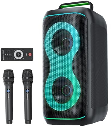GKD61 Machine de Karaoké pour Adultes avec 2 Microphones UHF Sans Fil, 400W Puissance Crête, Enceinte Bluetooth Portable avec Deux Subwoofers de 6,5, Réglage Basses/Aigus, pour Intérieur et Extérieur