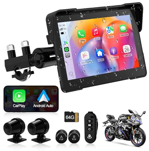 Artman Motorcycle Dash cam Front and Rear, 7'' IPS Touch Screen, Portable Motorcycle Carplay for Apple Carplay and Android Auto GPS Navigation System, TPMS Compatible, IP67 Waterproof & 64G SD Card