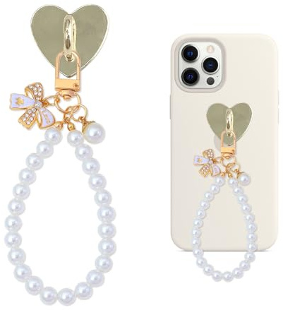XFSRG Schleife Handy Anhänger Perlen Handykette Kurz Schlüsselanhänger Handyschmuck Perlenkette Smartphone Zubehör Karabinerhaken Schleifenanhänger Handyband Trageriemen (Gold, A)