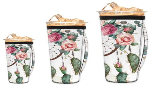 Lot de 3 manchons isothermes réutilisables en néoprène pour tasse à café - Motif cactus et fleurs - Attrape-rêves ethnique occidental tribal indigène exotique durable pour boissons chaudes et froides