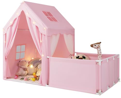 COSTWAY Kids Play Tent, Indoor Toddler Playhouse with Playpen, Washable Cotton Mat, Star Lights, Large Castle Fairy Tents for Girls Boys (Pink)