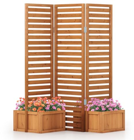 COSTWAY Fioriere Rialzate da Esterno con Tralicci, Letto da Giardino con Grigliato in Legno per Piante Rampicanti, Paravento da Esterno con Fioriere Autodrenanti da Giardino, Terrazzo e Cortile