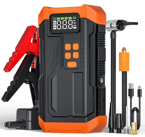 Povasee Starthilfe Powerbank für Pkw mit Kompressor 150PSI, 8000A Starter Powerbank mit Luftpumpe, 12V Jump Starter Batterie Booster mit Starthilfekabel, LED-Licht (Bis zu Alle Benzin/12L Diesel)