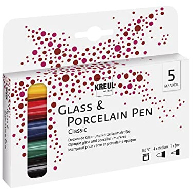 KREUL 16400 - Set di penne per vetro e porcellana, 4 penne colorate e penna per contorni, spessore del tratto circa 2-4 mm, penne coprenti per vetro e porcellana, a base d'acqua, colore brillante