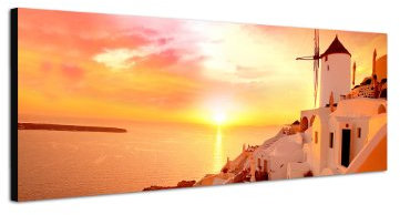 Santorini Griechenland 150x50cm Panorama Wandbild auf Leinwand und Keilrahmen fertig zum aufhängen - Unsere Bilder auf Leinwand bestechen durch ihre ungewöhnlichen Formate und den extrem detaillierten Druck aus bis zu 100 Megapixel hoch aufgelösten Fotos.