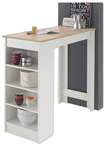 Bartisch in weiss mit Tischplatte in Eiche Sonoma und seitlichem Regal