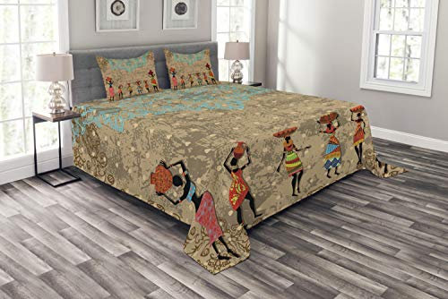 ABAKUHAUS afrikanisch Tagesdecke Set, Folkloric Boho African, Set mit Kissenbezügen Klare Farben, für Doppelbetten 220 x 220 cm, Seafoam Kakao