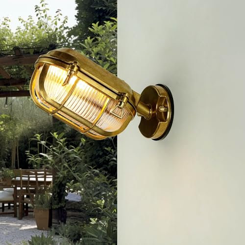 Licht-Erlebnisse Außenwandleuchte Messing Glas in Messing IP64 Terrasse Balkon H:15,5 cm E27 Riffel Bullauge Handarbeit Maritime Wandlampe SKIATHOS