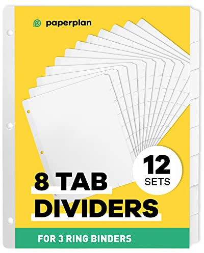 Binder Dividers with Tabs - (Set of 12) x 8-Tab Dividers for 3 Ring Binders, White, Reinforced Edge - Ideal for Keeping Your Documents Neat and Professional