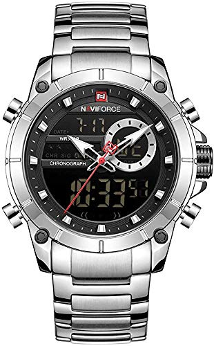 NAVIFORCE Orologio da polso al quarzo con cinturino in acciaio inossidabile resistente all'acqua 3ATM multifunzionale luminoso doppio movimento analogico-digitale cronografo orologio da uomo, Argento,