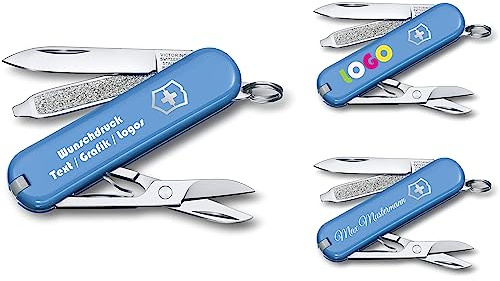 Victorinox Taschenmesser CLASSIC SD mit Wunschdruck auf der Schale I Geschenk für Männer Frauen I Geschenke zum Geburtstag I 7 Funktionen Summer Rain 0.6223.28G (blau)