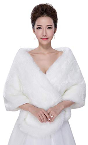 YO-HAPPY Femmes châle, Femmes Mariage d'hiver épaissir en Peluche Hors épaule châle Wrap Bolero Bal de mariée soirée Formelle Grande Cape Haussement d'épaules Blanc