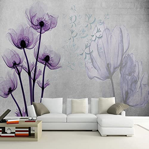 Fototapete 3D Effekt Retro 3D Stereo Transparente Fototapete Vintage Nostalgische Lila Blume Wandbild Wohnzimmer Schlafzimmer Wanddekoration personifizieren