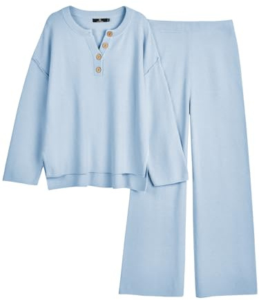 LILLUSORY 2-teiliges Lounge-Set für Damen, übergroß, lässig, passend, gemütlich, Stricksets, Hell, blau, XL