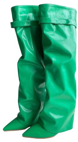 Frankie Hsu Fashion Designer Moderne Sexy Femmes Hommes Shark Boot Grande Taille Vert Cuir Synthétique Wedge Talons Hauts Genou Talons Hauts Veau Long Pantalon Bottes US4-14, vert, 47 EU