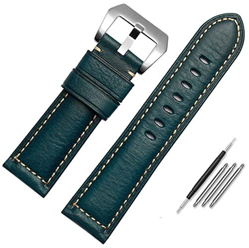 COEPMG Leder-Uhrenarmband für Herren, geeignet für Panerai Seiko Citizen Jeep italienische Leder-Uhrenkette 22 mm 24 mm 26 mm Uhrenarmbänder (Farbe: Grün Silber, Größe: 24 mm)