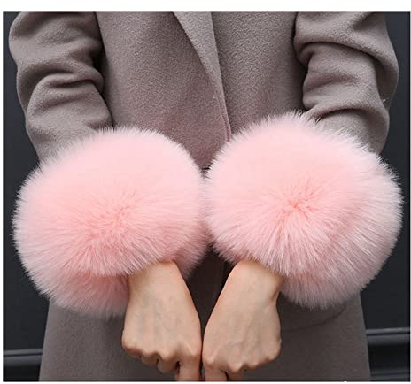 SHTGOI Women's Fur Cuffs Fur Wrist Warmer Faux Fur Cuffs Winter Hand Warmer Sleeves Plush Pulse Warmer Fur Cuffs Faux Fur Arm Warmers Gloves Pink